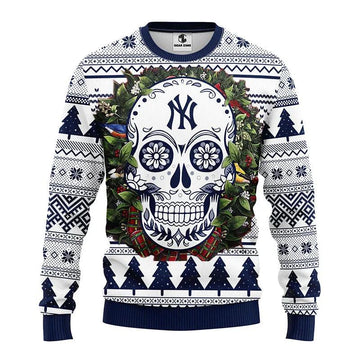 New York Yankees Skull Flower Ugly Christmas Sweater, MLB Christmas Sweater Moonbestprint
