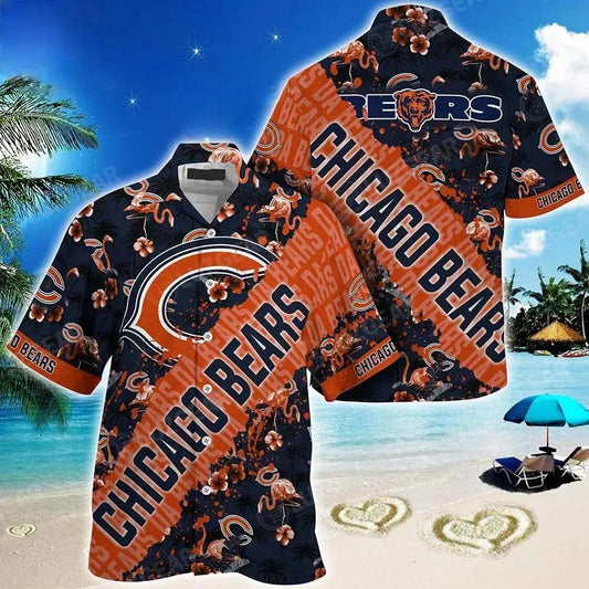 Nfl Chicago Bears Hawaiian Shirt With Tropical Pattern Flamingo Printed For Fans, NFL Hawaiian Shirt Moonbestprint