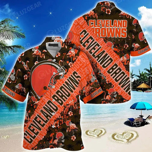 Nfl Cleveland Browns Hawaiian Shirt With Tropical Patterns Flamingo Printed For Fans, NFL Hawaiian Shirt Moonbestprint