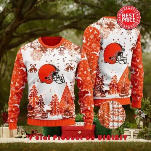Nfl Cleveland Browns Special Logo Snowflake Reindeer White Orange Christmas Ugly Sweater, NFL Chritsmas Sweater Moonbestprint