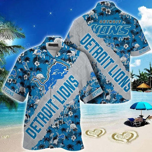 Nfl Detroit Lions Hawaiian Shirt With Tropical Pattern Flamingo Printed For Fans, NFL Hawaiian Shirt Moonbestprint