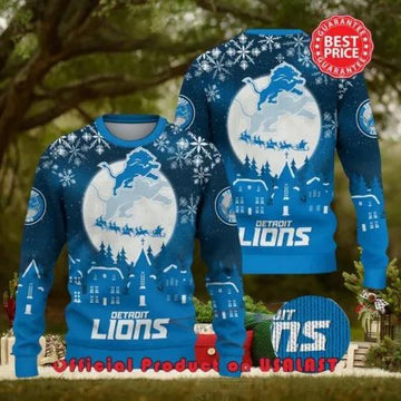 Nfl Detroit Lions Logo Snowflake Design Ugly Christmas Sweater, NFL Chritsmas Sweater Moonbestprint