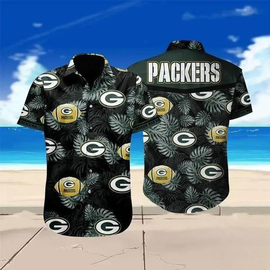 Nfl Green Bay Packers Black And White Leaves Hawaiian Shirt, NFL Hawaiian Shirt Moonbestprint