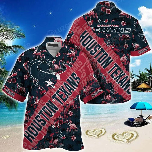 Nfl Houston Texans Hawaiian Shirt With Tropical Pattern Flamingo Printed For Fans, NFL Hawaiian Shirt Moonbestprint