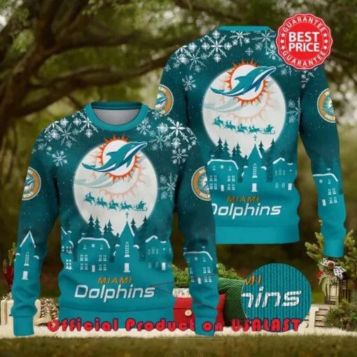 Nfl Miami Dolphins Logo Snowflake Design Ugly Christmas Sweater, NFL Chritsmas Sweater Moonbestprint