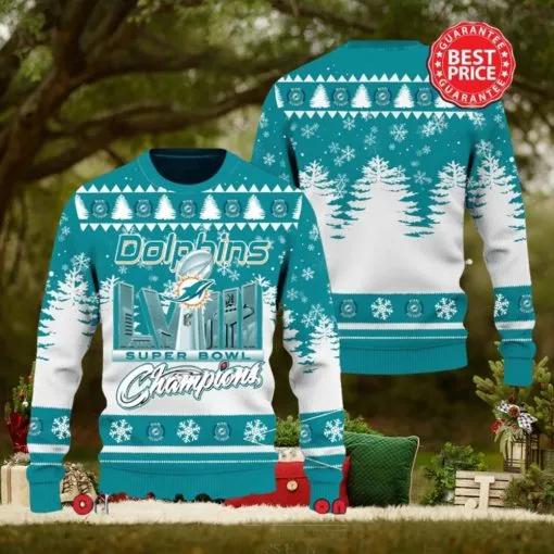 Nfl Miami Dolphins Logo Super Bowl Champions Ugly Christmas Sweater, NFL Chritsmas Sweater Moonbestprint