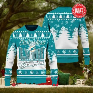 Nfl Miami Dolphins Logo Super Bowl Champions Ugly Christmas Sweater, NFL Chritsmas Sweater Moonbestprint