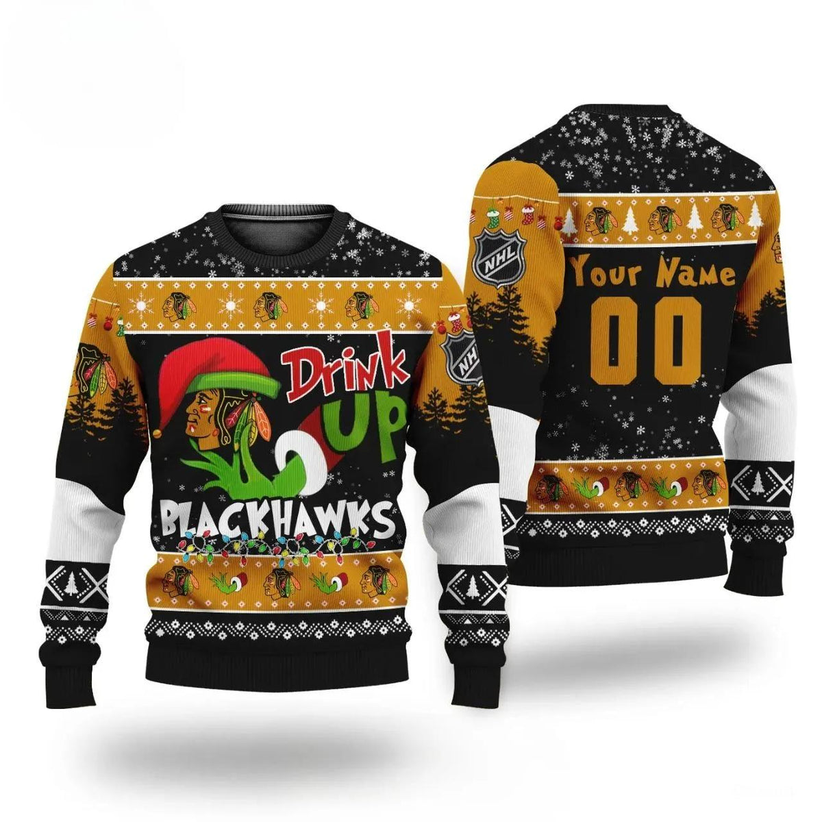 Nhl Grinch Drink Up Chicago Blackhawks Custom Ugly Christmas Sweater, NHL Christmas Sweater Moonbestprint