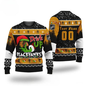Nhl Grinch Drink Up Chicago Blackhawks Custom Ugly Christmas Sweater, NHL Christmas Sweater Moonbestprint