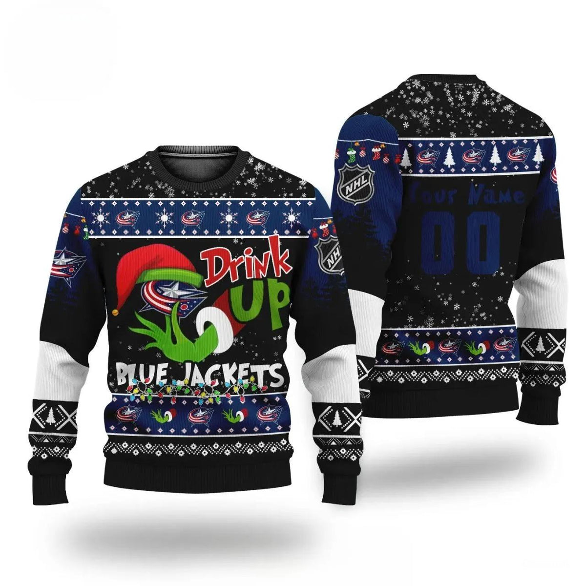 Nhl Grinch Drink Up Columbus Blue Jackets Custom Ugly Christmas Sweater, NHL Christmas Sweater Moonbestprint