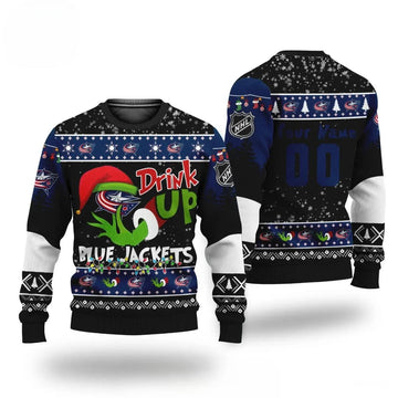 Nhl Grinch Drink Up Columbus Blue Jackets Custom Ugly Christmas Sweater, NHL Christmas Sweater Moonbestprint