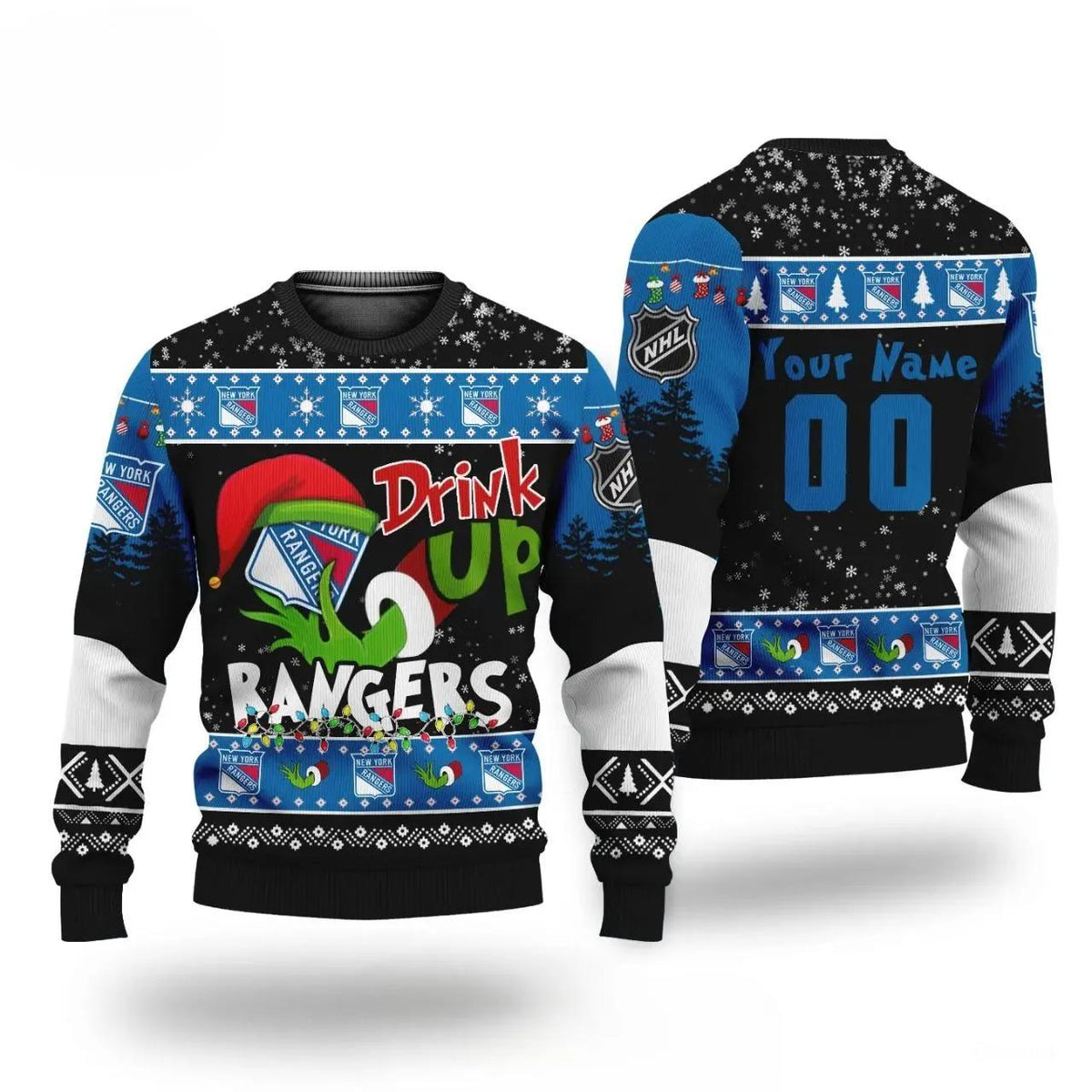 Nhl Grinch Drink Up New York Rangers Custom Ugly Christmas Sweater, NHL Christmas Sweater Moonbestprint