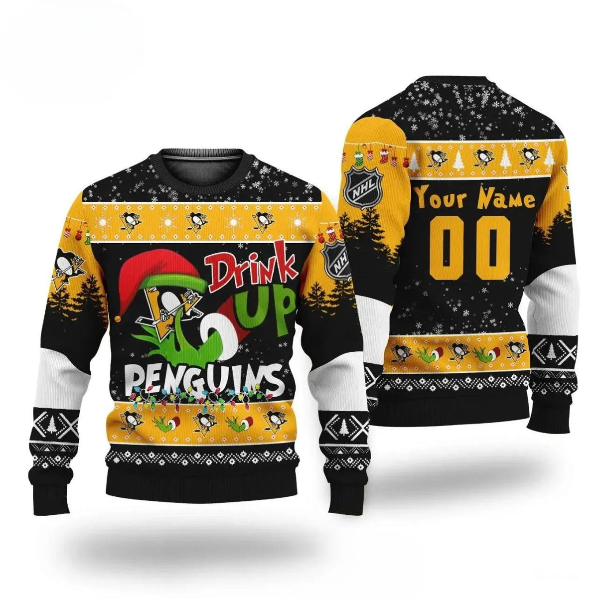 Nhl Grinch Drink Up Pittsburgh Penguins Custom Ugly Christmas Sweater, NHL Christmas Sweater Moonbestprint