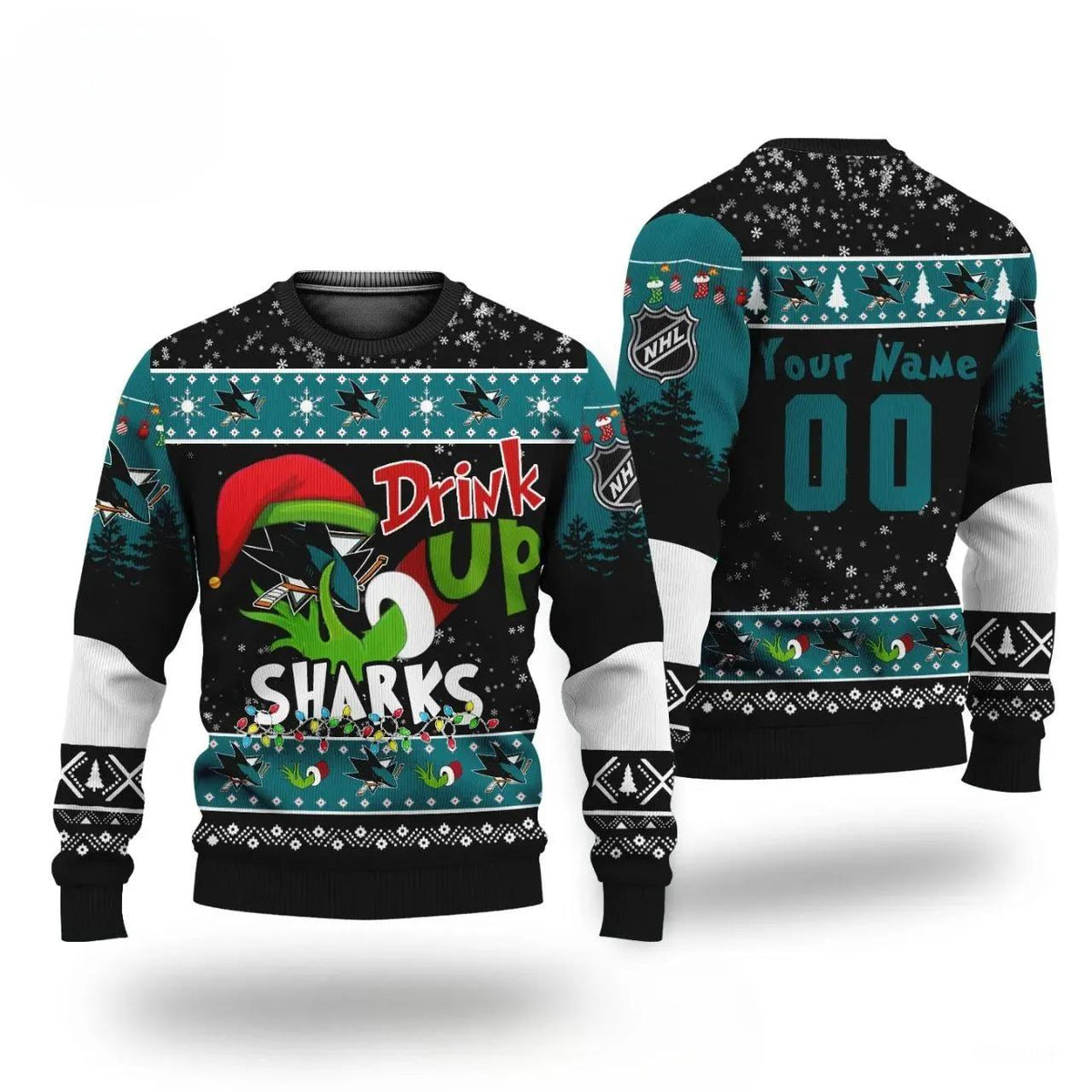 Nhl Grinch Drink Up San Jose Sharks Custom Ugly Christmas Sweater, NHL Christmas Sweater Moonbestprint