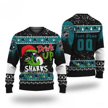 Nhl Grinch Drink Up San Jose Sharks Custom Ugly Christmas Sweater, NHL Christmas Sweater Moonbestprint
