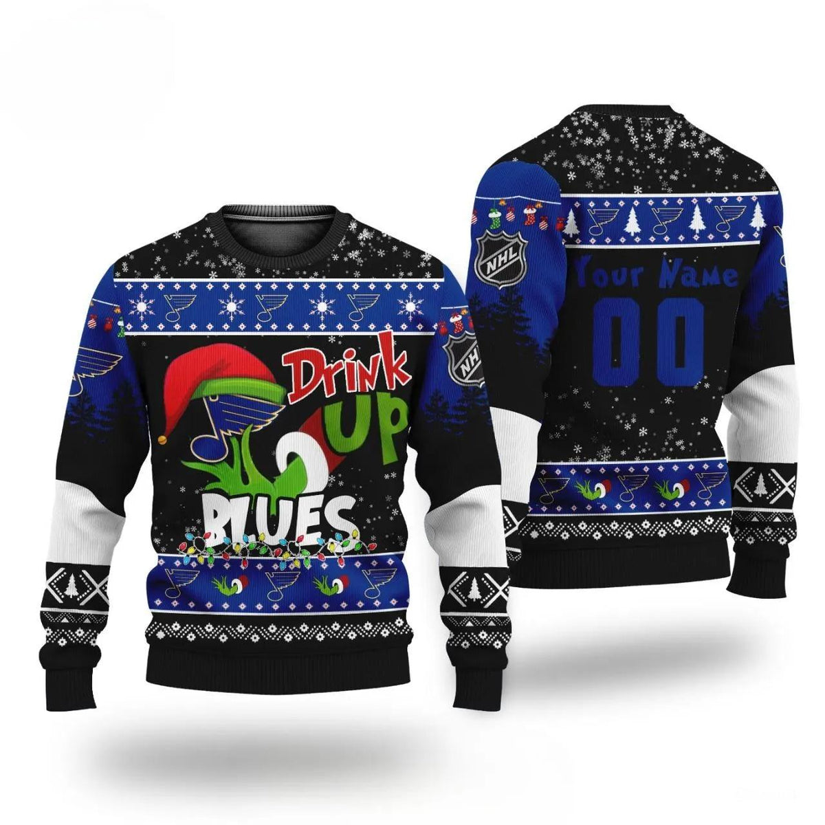 Nhl Grinch Drink Up St. Louis Blues Custom Ugly Christmas Sweater, NHL Christmas Sweater Moonbestprint