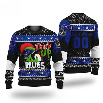 Nhl Grinch Drink Up St. Louis Blues Custom Ugly Christmas Sweater, NHL Christmas Sweater Moonbestprint