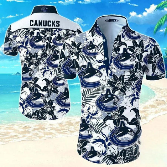 Nhl Vancouver Canucks White And Sapphire Flowers Hawaiian Shirt, NHL Hawaiian Shirt Moonbestprint
