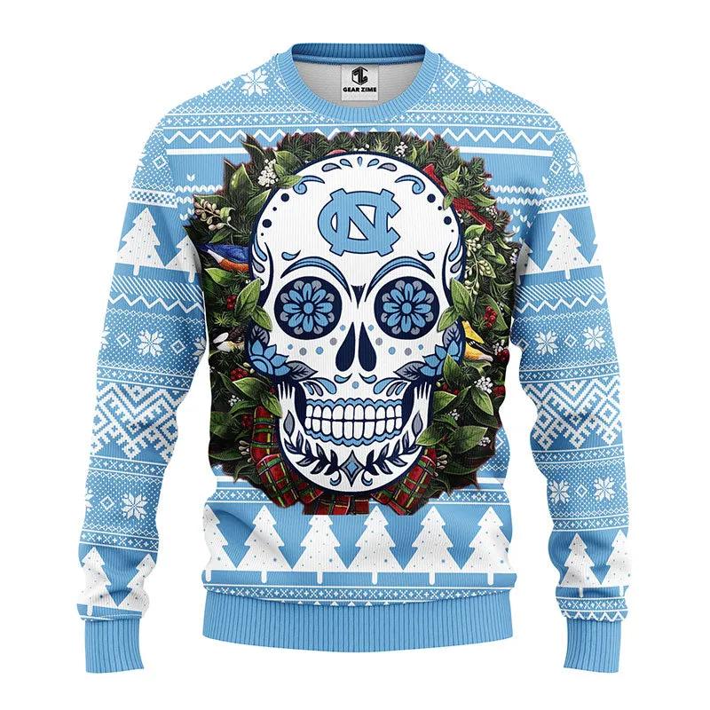 North Carolina Tar Heels Skull Flower Ugly Christmas Sweater, NCAA Christmas Sweater Moonbestprint