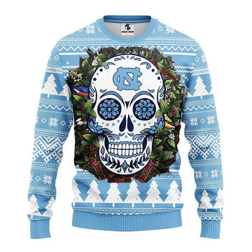 North Carolina Tar Heels Skull Flower Ugly Christmas Sweater, NCAA Christmas Sweater Moonbestprint