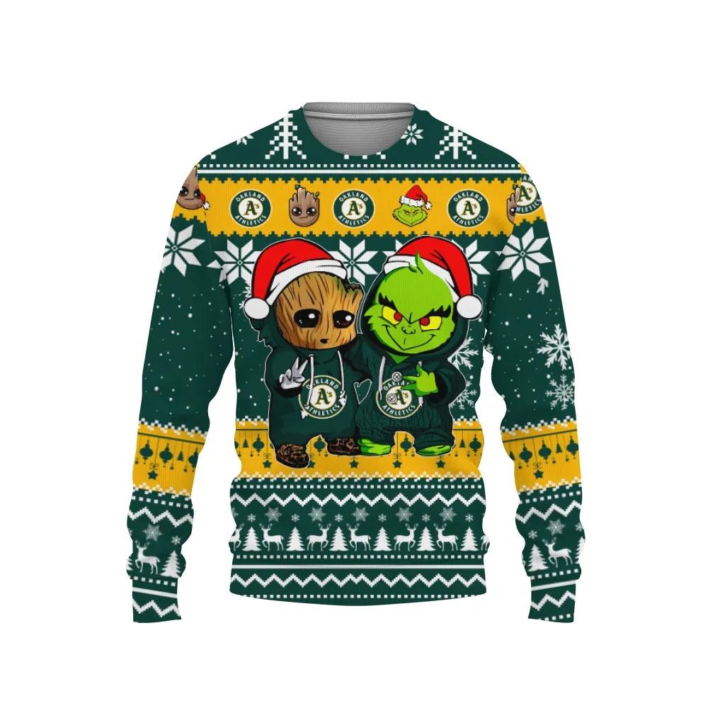 Oakland Athletics Baby Groot And Grinch Best Friends Ugly Christmas Sweater, MLB Christmas Sweater Moonbestprint