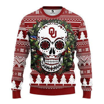 Oklahoma Sooners Skull Flower Ugly Christmas Sweater, NCAA Christmas Sweater Moonbestprint
