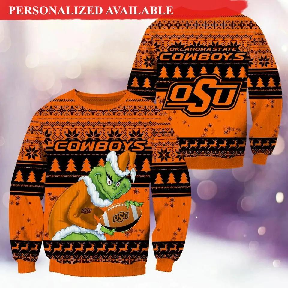 Oklahoma State Cowboys Grinch Football Ugly Christmas Sweater, NCAA Christmas Sweater Moonbestprint