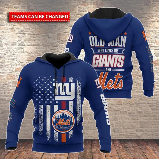 Old Man Who Love His  New York Giants and New York Mets 3D Hoodie, NFL Hoodie Moonbestprint