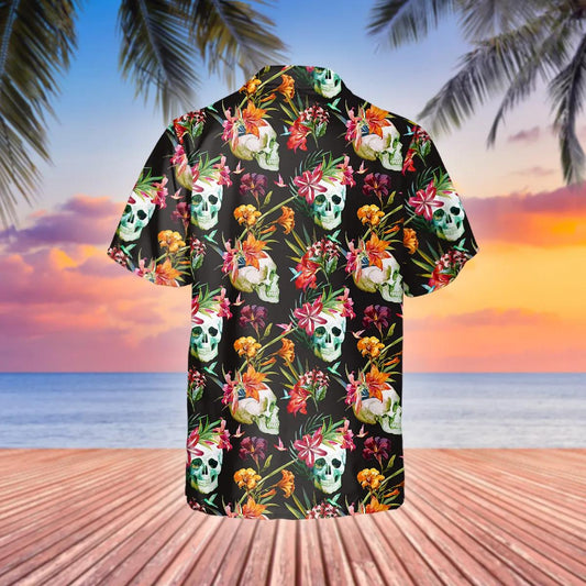 Orange Floral Skull Hawaiian Shirt, Hawaiian Button Up Shirt, Tropical Shirts For Men Moonbestprint