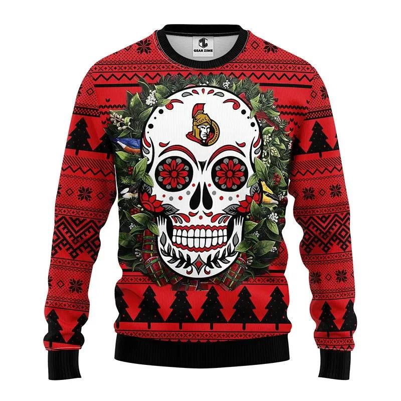Ottawa Senators Skull Flower Ugly Christmas Sweater, NHL Christmas Sweater Moonbestprint