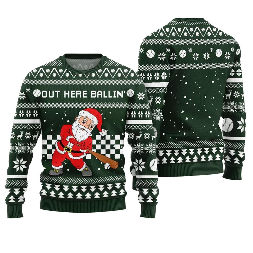 Out Here Ballin Santa Baseball Ugly Holiday Sweater - Moonbestprint