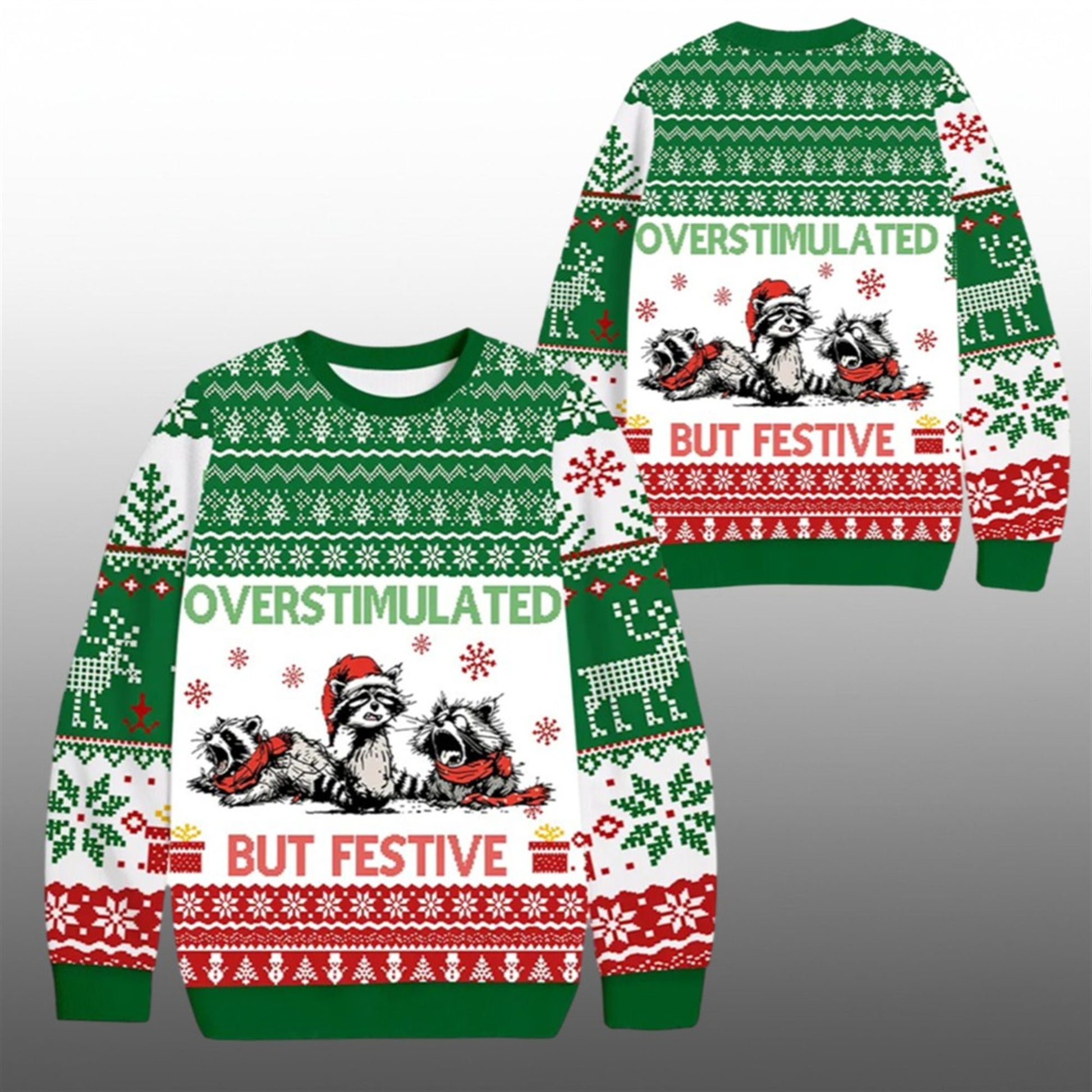 Overstimulated But Festive Racoon Ugly Sweater 2026 Christmas - Moonbestprint
