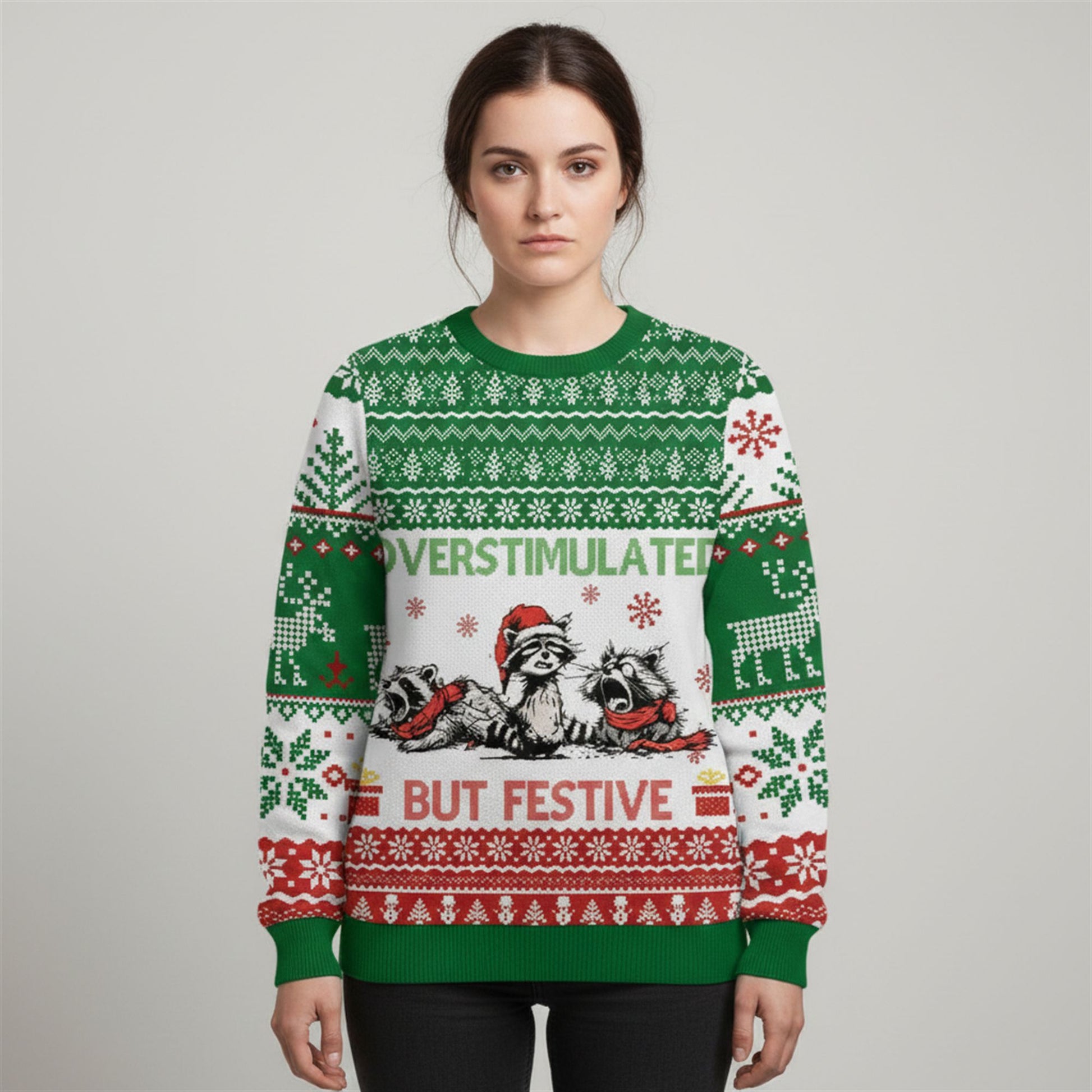 Overstimulated But Festive Racoon Ugly Sweater 2026 Christmas - Moonbestprint