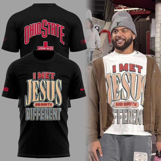 Back at Ohio State, J.T. Tuimoloau makes a statement in the 'I MET JESUS AND NOW I'M DIFFERENT' T-Shirt | TY73 Moonbestprint