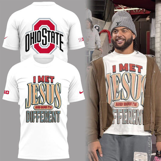 Back at Ohio State, J.T. Tuimoloau makes a statement in the 'I MET JESUS AND NOW I'M DIFFERENT' T-Shirt | DM82 Moonbestprint
