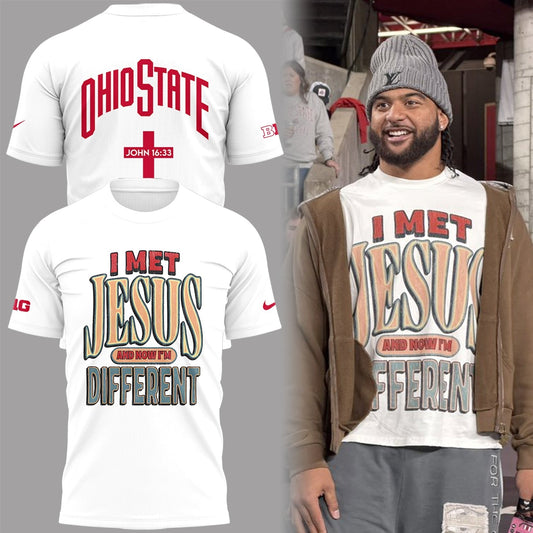 Back at Ohio State, J.T. Tuimoloau makes a statement in the 'I MET JESUS AND NOW I'M DIFFERENT' T-Shirt | YG44 Moonbestprint