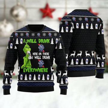 Pabst Blue Ribbon Grinch Will Drink Everywhere Ugly Sweater, Grinch Holiday Sweater Moonbestprint
