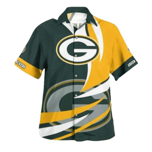 Packers Bold Geometric Stripes And Team Logo Hawaiian Shirt - Moonbestprint