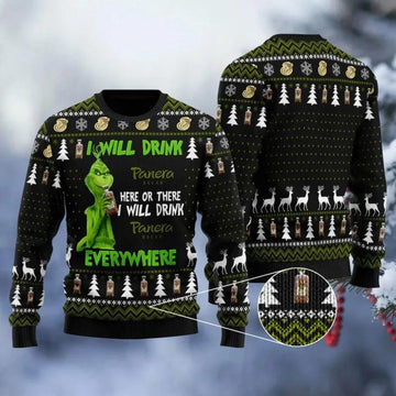 Panera Bread Grinch Will Drink Everywhere Ugly Sweater, Grinch Holiday Sweater Moonbestprint