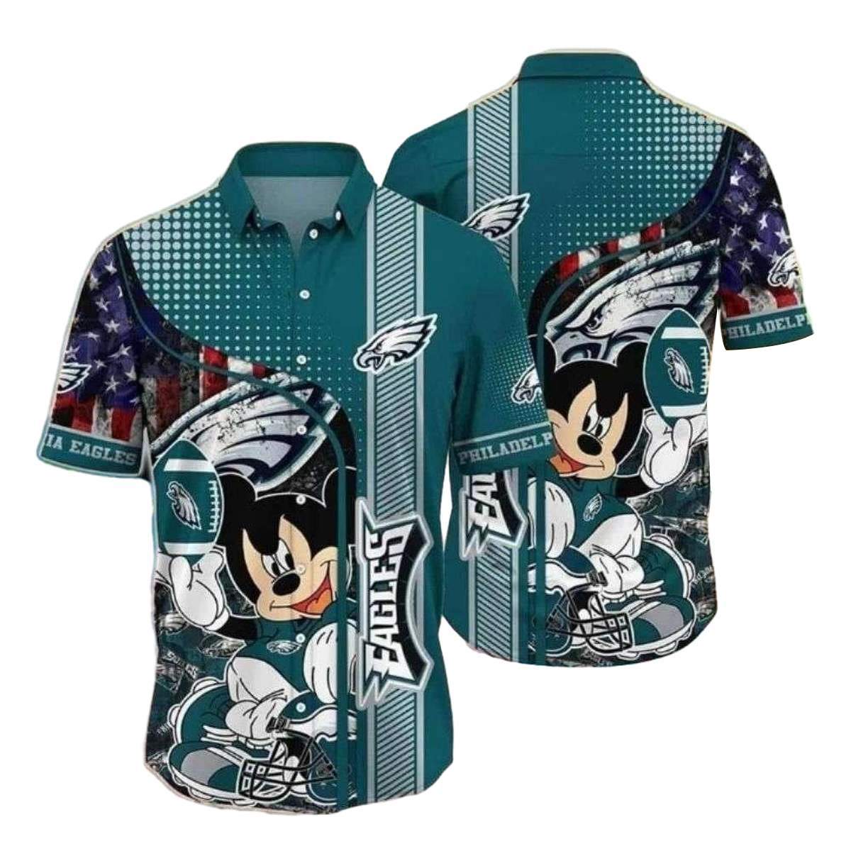 Patriotic Touchdown Teal Eagles Mickey Mouse Hawaiian Shirt - Moonbestprint