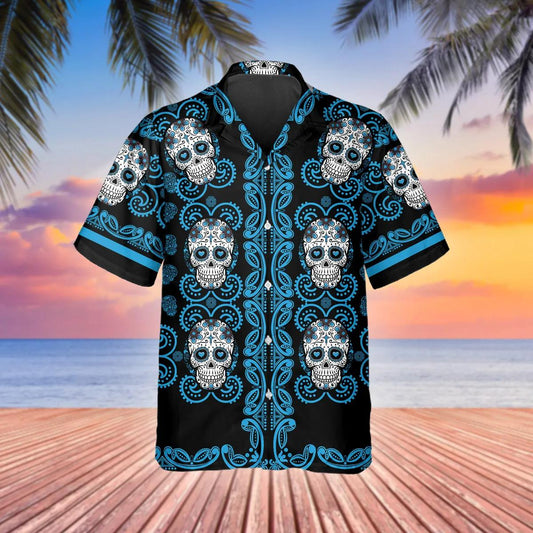 Pattern Blue Color Skull Hawaiian Shirt, Hawaiian Button Up Shirt, Tropical Shirts For Men Moonbestprint
