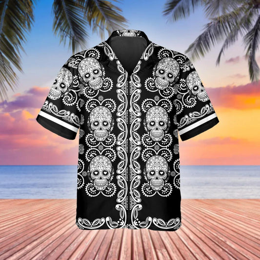 Pattern Color Black Skull Hawaiian Shirt, Hawaiian Button Up Shirt, Tropical Shirts For Men Moonbestprint