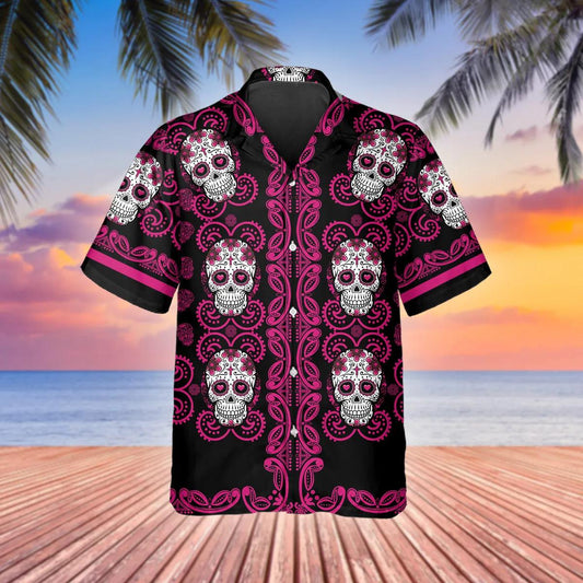 Pattern Color Pink Skull Hawaiian Shirt, Hawaiian Button Up Shirt, Tropical Shirts For Men Moonbestprint