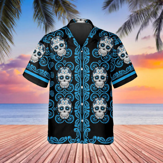 Pattern Color Sky Blue Skull Hawaiian Shirt, Hawaiian Button Up Shirt, Tropical Shirts For Men Moonbestprint