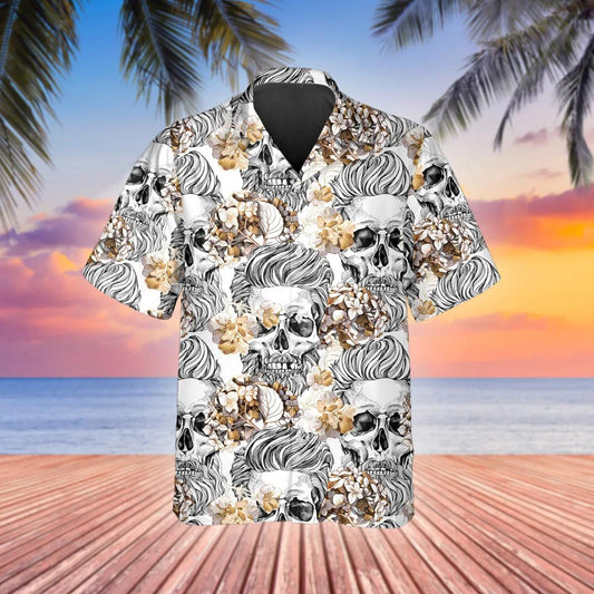 Pattern Flower Happy Summer Skull Hawaiian Shirt, Hawaiian Button Up Shirt, Tropical Shirts For Men Moonbestprint