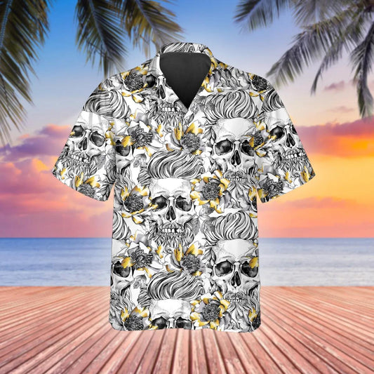 Pattern Flower Skull Hawaiian Shirt, Hawaiian Button Up Shirt, Tropical Shirts For Men Moonbestprint