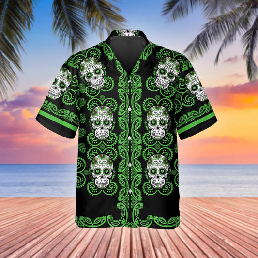 Pattern Green Color Skull Hawaiian Shirt, Hawaiian Button Up Shirt, Tropical Shirts For Men Moonbestprint