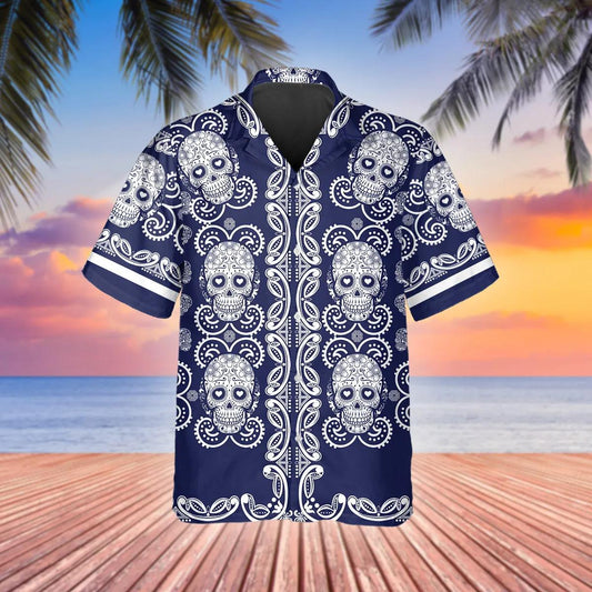 Pattern Navy Color Skull Hawaiian Shirt, Hawaiian Button Up Shirt, Tropical Shirts For Men Moonbestprint