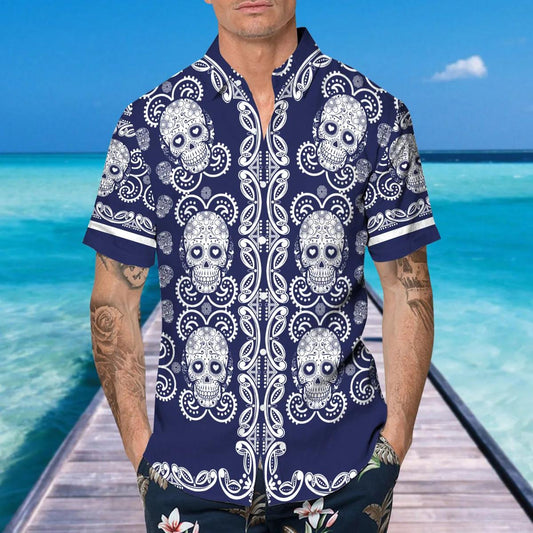 Pattern Navy Color Skull Hawaiian Shirt, Hawaiian Button Up Shirt, Tropical Shirts For Men Moonbestprint