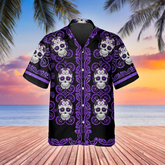 Pattern Purple Color Skull Hawaiian Shirt, Hawaiian Button Up Shirt, Tropical Shirts For Men Moonbestprint